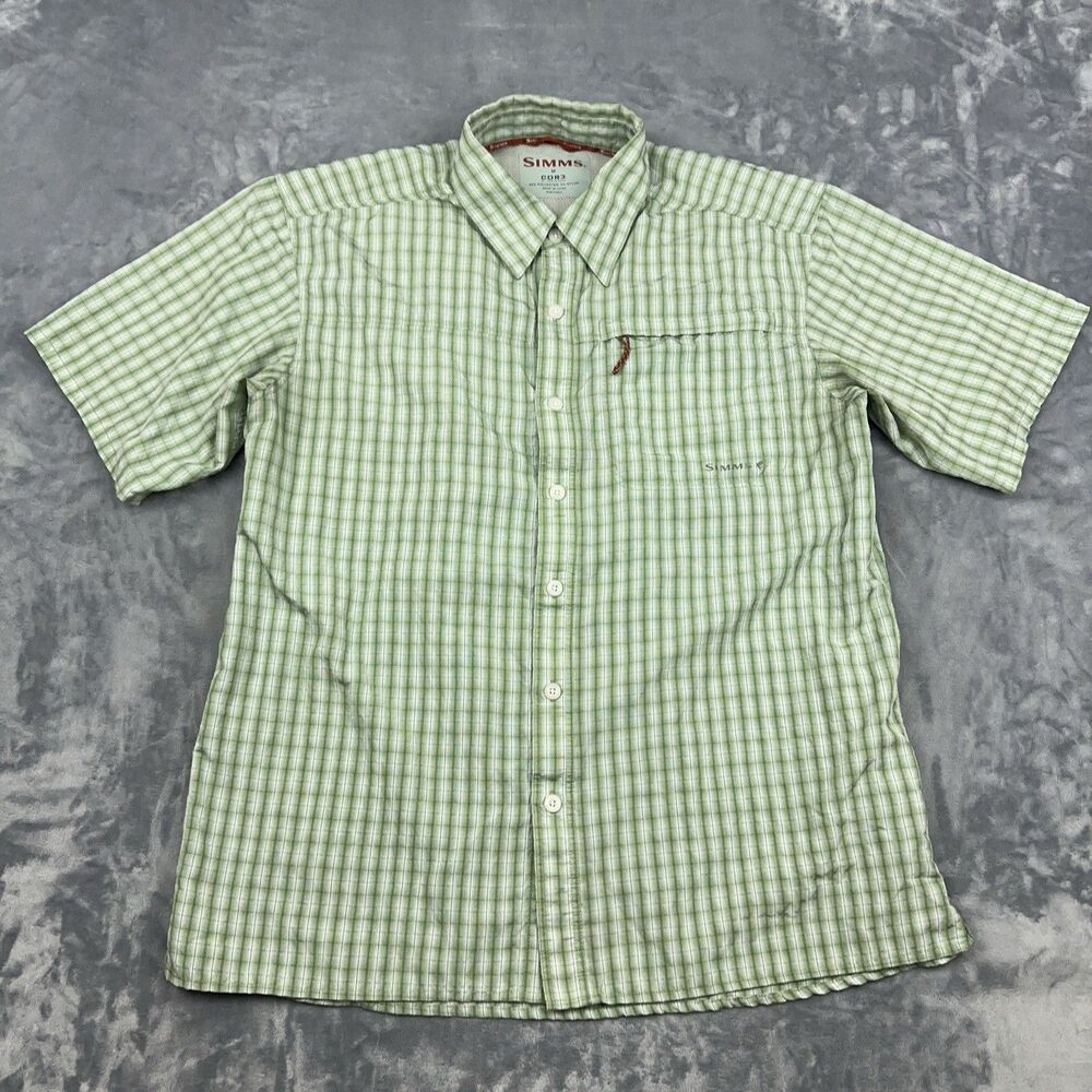 Simms Shirt Mens Sz M Green Plaid COR3 Short Sleeve Fishing Performance Vented